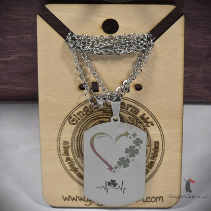 Necklace - Silver - Dog Tag Style - Heart with Shamrocks