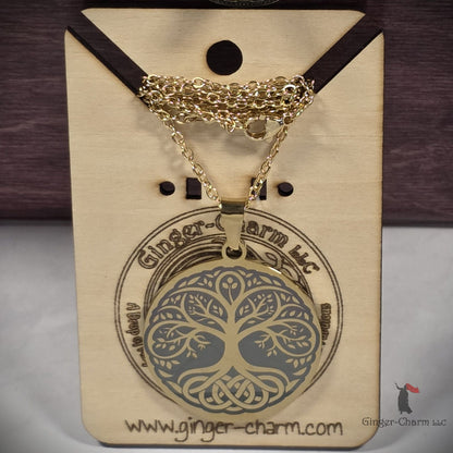Necklace - Gold - Stainless Steel 30mm Round - Black Tree of Life with Celtic Roots