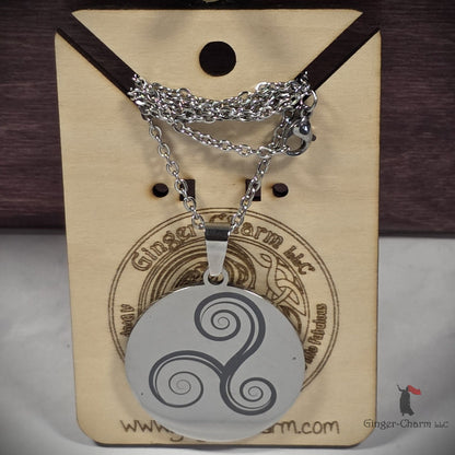 Necklace - Silver - Stainless Steel 30mm Round - Triskelion