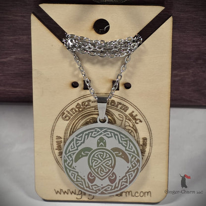 Necklace - Silver - Stainless Steel 30mm Round - Orange and Green Celtic Sea Turtle