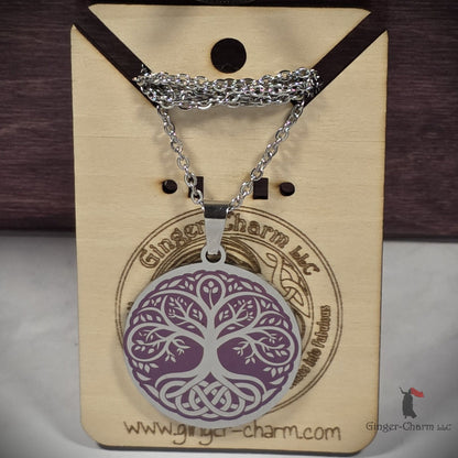Necklace - Silver - Stainless Steel 30mm Round - Purple Tree of Life with Celtic Roots