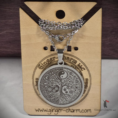 Necklace - Silver - Stainless Steel 30mm Round - Yin Yang Tree of Life