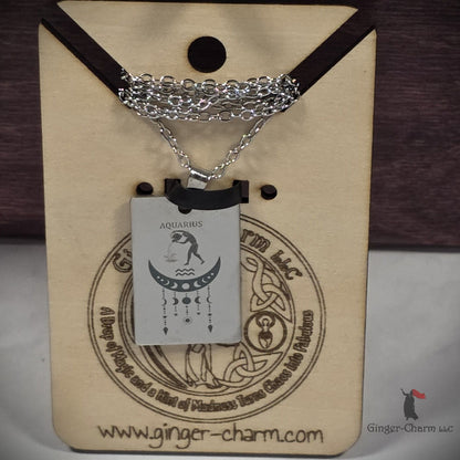 Necklace - Silver - Stainless Steel Rectangle Pendant - 20"Chain - Aquarius