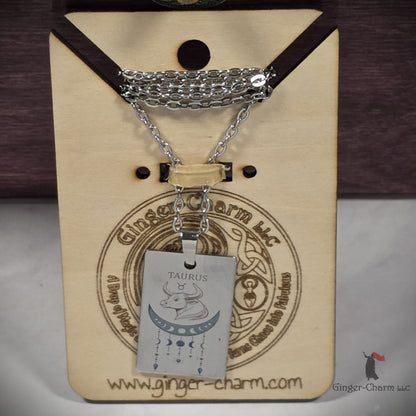 Necklace - Silver - Stainless Steel Rectangle Pendant - 20"Chain - Taurus