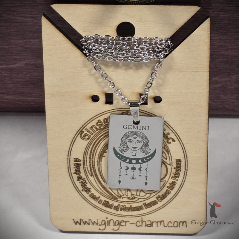 Necklace - Silver - Stainless Steel Rectangle Pendant - 20"Chain - Gemini