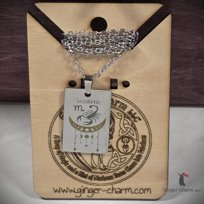 Necklace - Silver - Stainless Steel Rectangle Pendant - 20"Chain - Scorpio