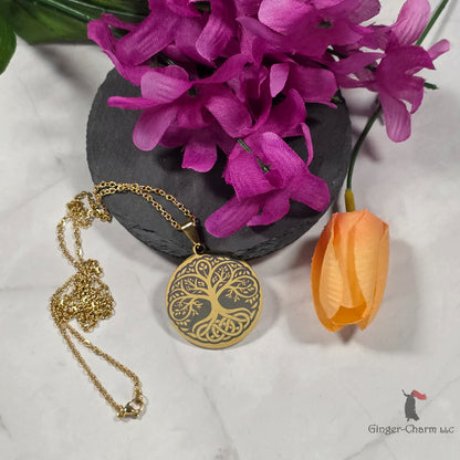 Necklace - Gold - Stainless Steel 30mm Round - Black Tree of Life with Celtic Roots