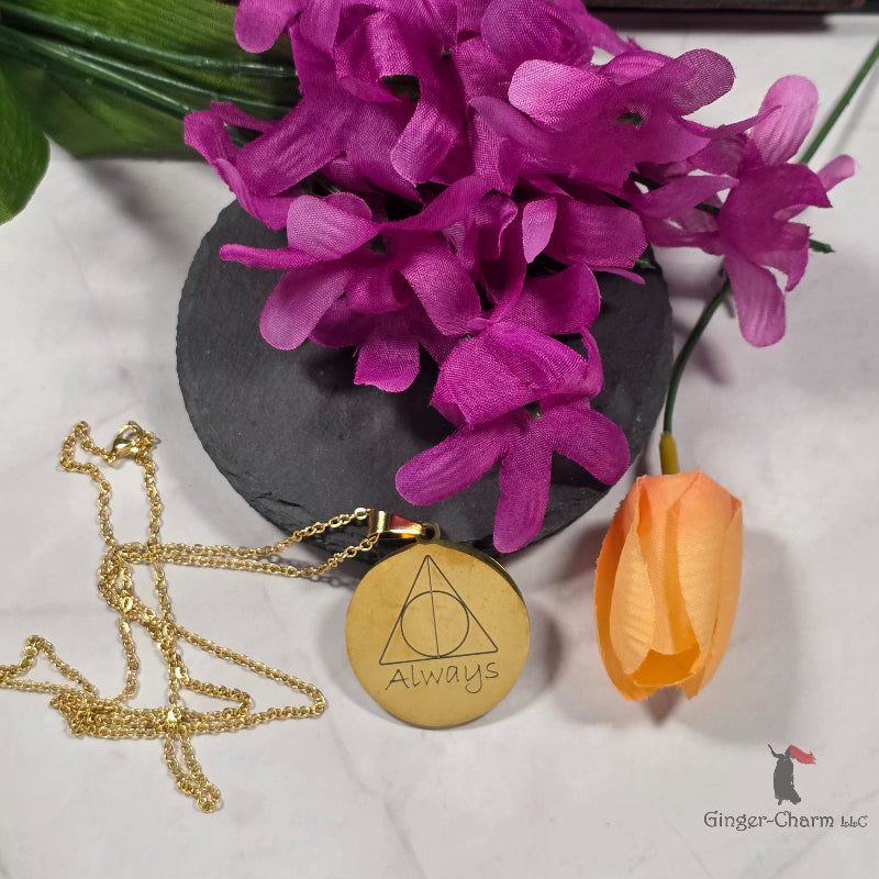 Necklace - Gold - Stainless Steel 30mm Round -Always Deathly Hallows