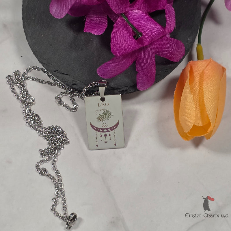 Necklace - Silver - Stainless Steel Rectangle Pendant - 20"Chain - Leo