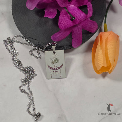 Necklace - Silver - Stainless Steel Rectangle Pendant - 20"Chain - Leo