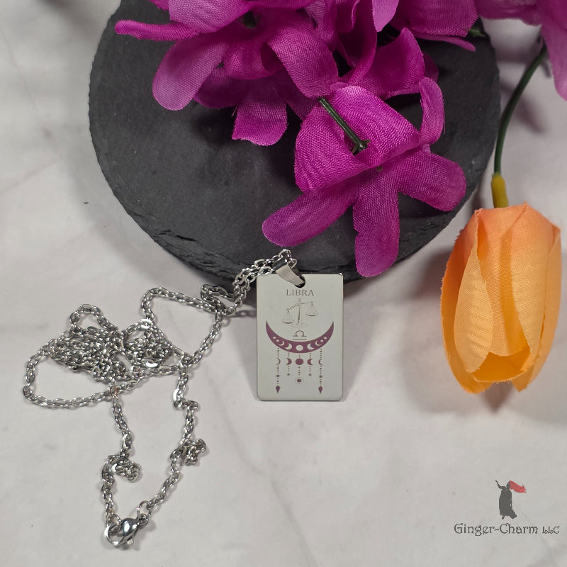 Necklace - Silver - Stainless Steel Rectangle Pendant - 20"Chain - Libra