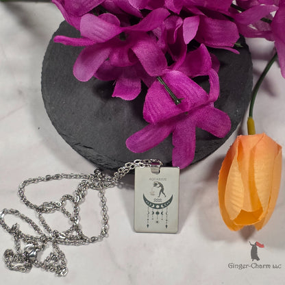 Necklace - Silver - Stainless Steel Rectangle Pendant - 20"Chain - Aquarius