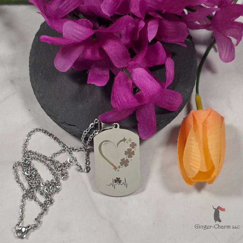 Necklace - Silver - Dog Tag Style - Heart with Shamrocks