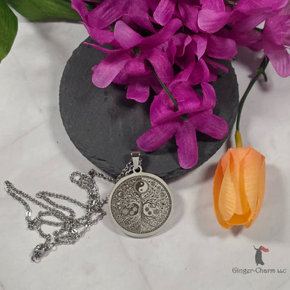 Necklace - Silver - Stainless Steel 30mm Round - Yin Yang Tree of Life