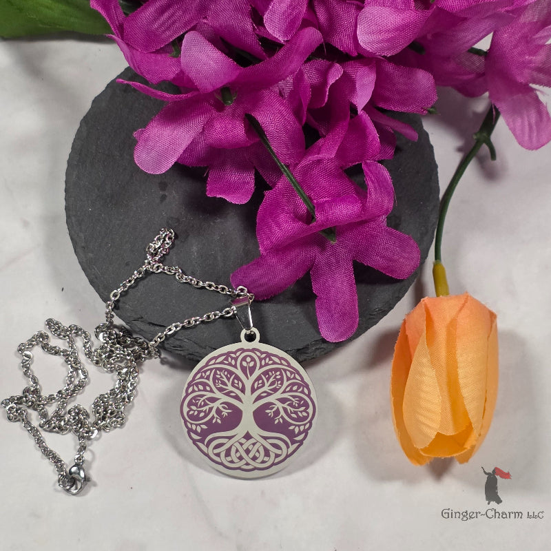 Necklace - Silver - Stainless Steel 30mm Round - Purple Tree of Life with Celtic Roots