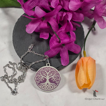 Necklace - Silver - Stainless Steel 30mm Round - Purple Tree of Life with Celtic Roots