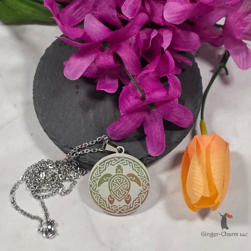 Necklace - Silver - Stainless Steel 30mm Round - Orange and Green Celtic Sea Turtle