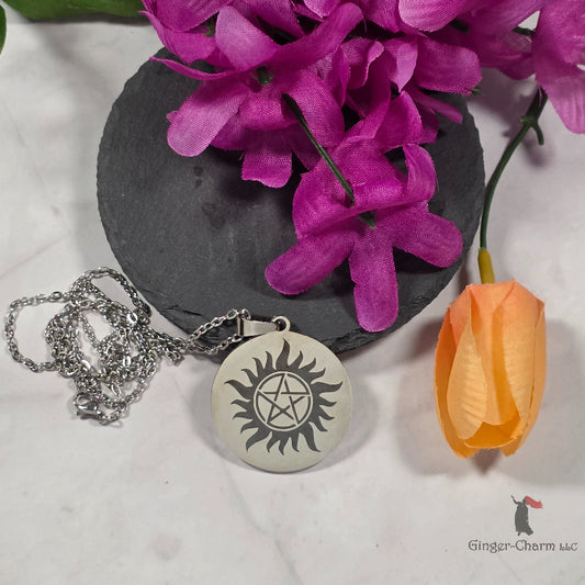 Necklace - Silver - Stainless Steel 30mm Round -Anti-Possession