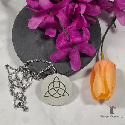 Necklace - Silver - Stainless Steel 30mm Round - Triquetra