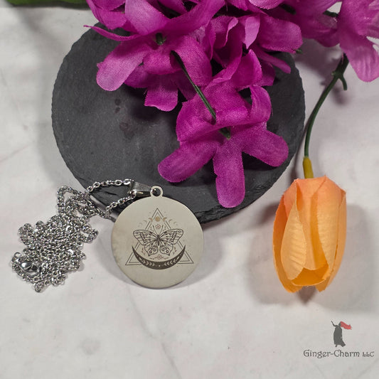 Necklace - Silver - Stainless Steel 30mm Round -Celestial Butterfly