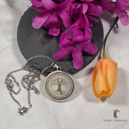 Necklace - Silver - Stainless Steel 30mm Round -Celtic Tree of Life
