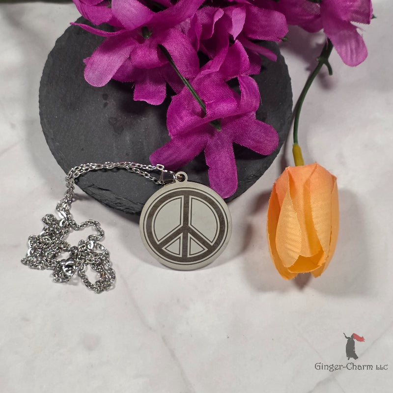 Necklace - Silver - Stainless Steel 30mm Round -Peace