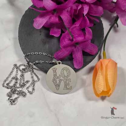 Necklace - Silver - Stainless Steel 30mm Round - Love