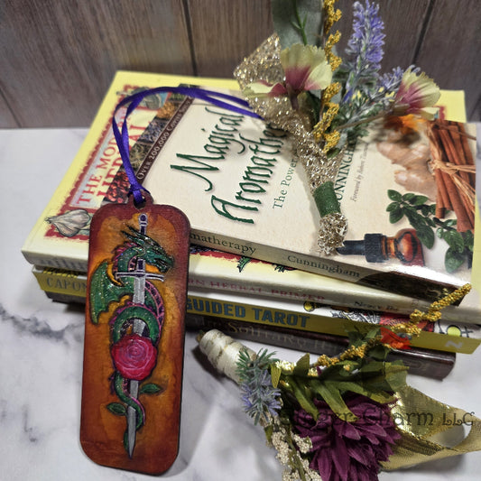 Bookmark-Wood-Hand Painted -Rose Dragon