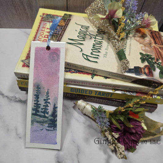 Bookmark-Painting-Laminated-Evergreen Forest with Pink and Purple Backdrop
