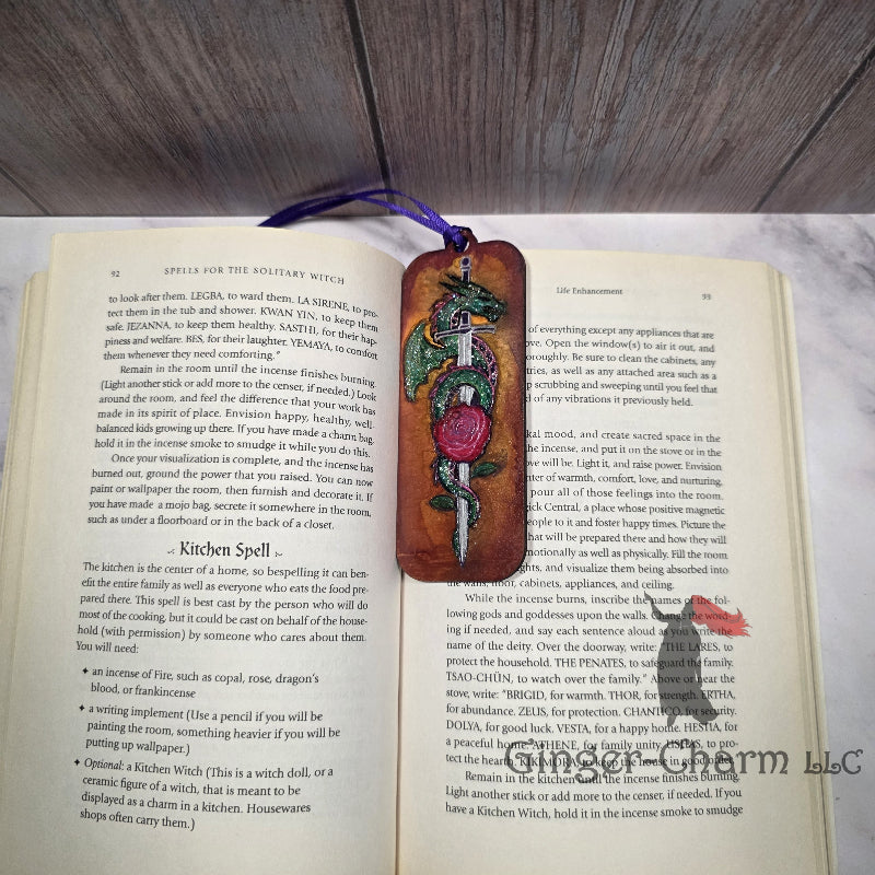 Bookmark-Wood-Hand Painted -Rose Dragon