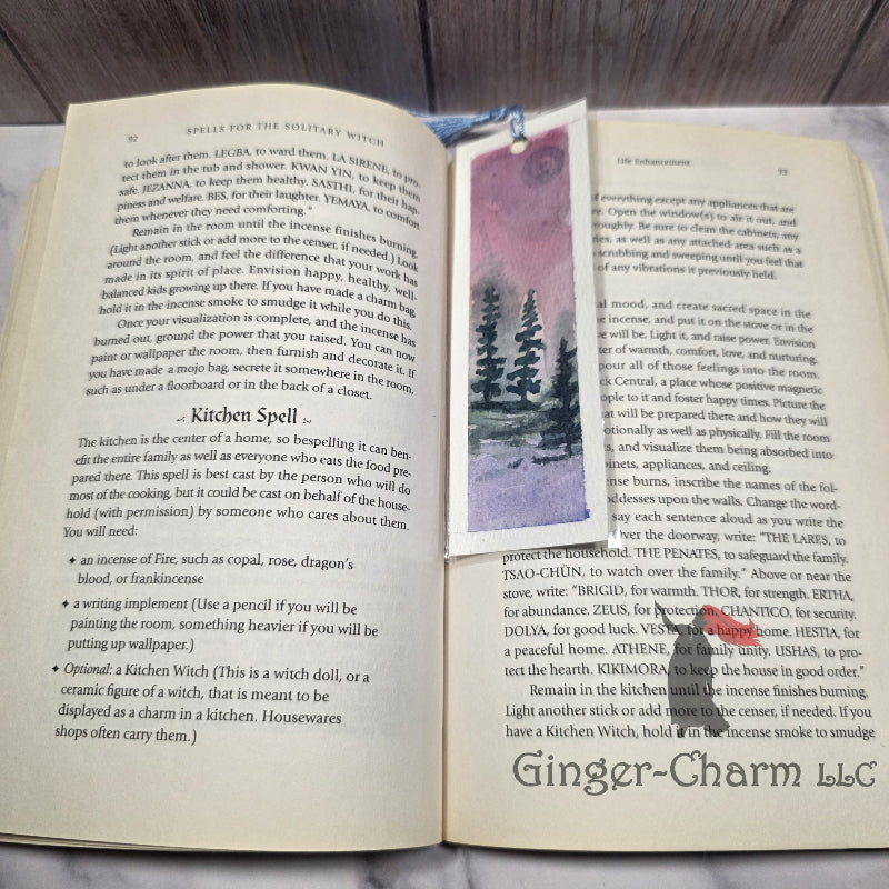 Bookmark-Painting-Laminated-Evergreen Forest with Pink and Purple Backdrop