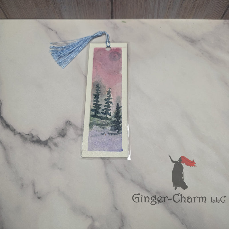 Bookmark-Painting-Laminated-Evergreen Forest with Pink and Purple Backdrop