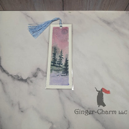 Bookmark-Painting-Laminated-Evergreen Forest with Pink and Purple Backdrop