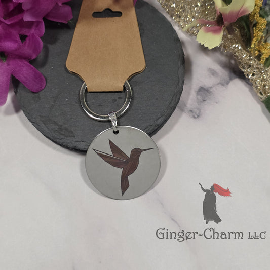 Keychain - Silver - Stainless Steel 42mm Round - Pink and Brown Hummingbird