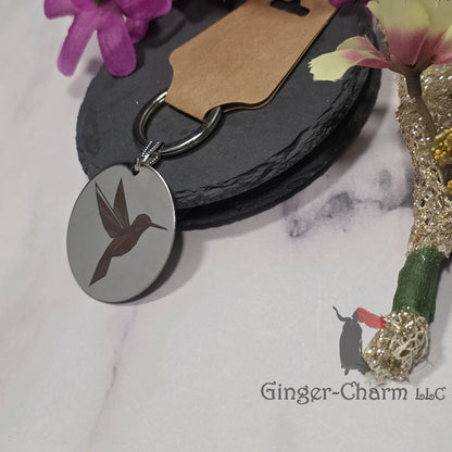 Keychain - Silver - Stainless Steel 42mm Round - Pink and Brown Hummingbird