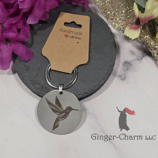 Keychain - Silver - Stainless Steel 42mm Round - Brown and Gold Hummingbird