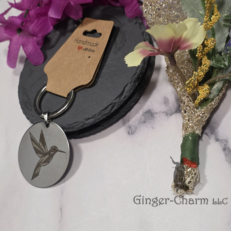 Keychain - Silver - Stainless Steel 42mm Round - Brown and Gold Hummingbird