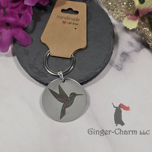 Keychain - Silver - Stainless Steel 42mm Round - Blue and Pink Hummingbird