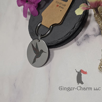Keychain - Silver - Stainless Steel 42mm Round - Blue and Pink Hummingbird