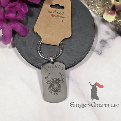 Keychain - Silver - Stainless Steel Dog Tag Pendant-Taurus Design