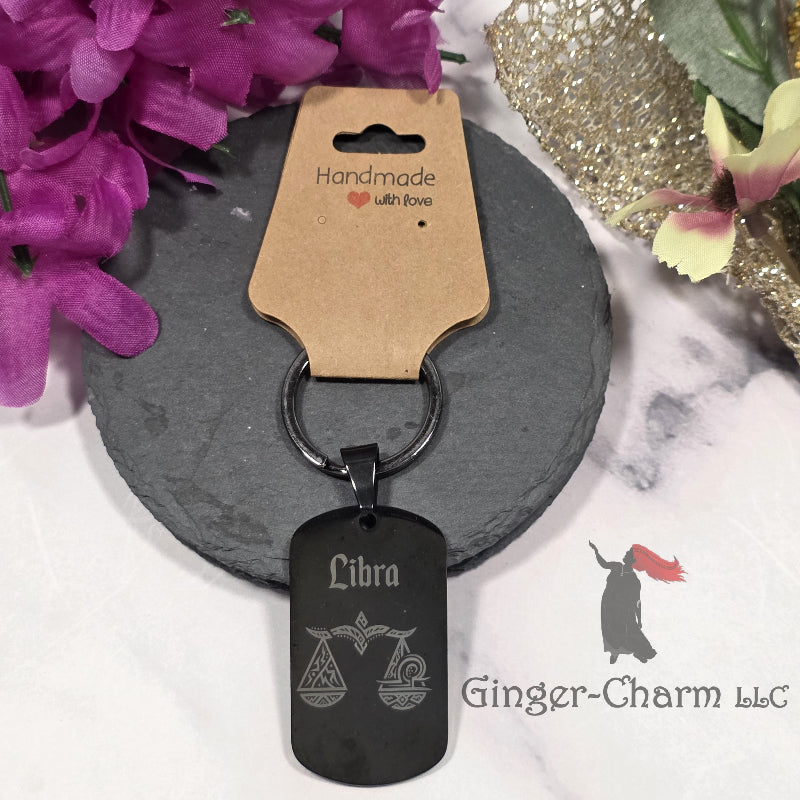 Keychain - Black - Stainless Steel Dog Tag Pendant-Libra Design