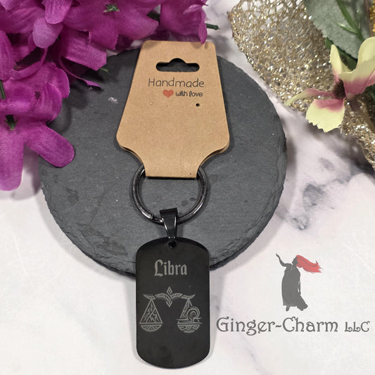 Keychain - Black - Stainless Steel Dog Tag Pendant-Libra Design