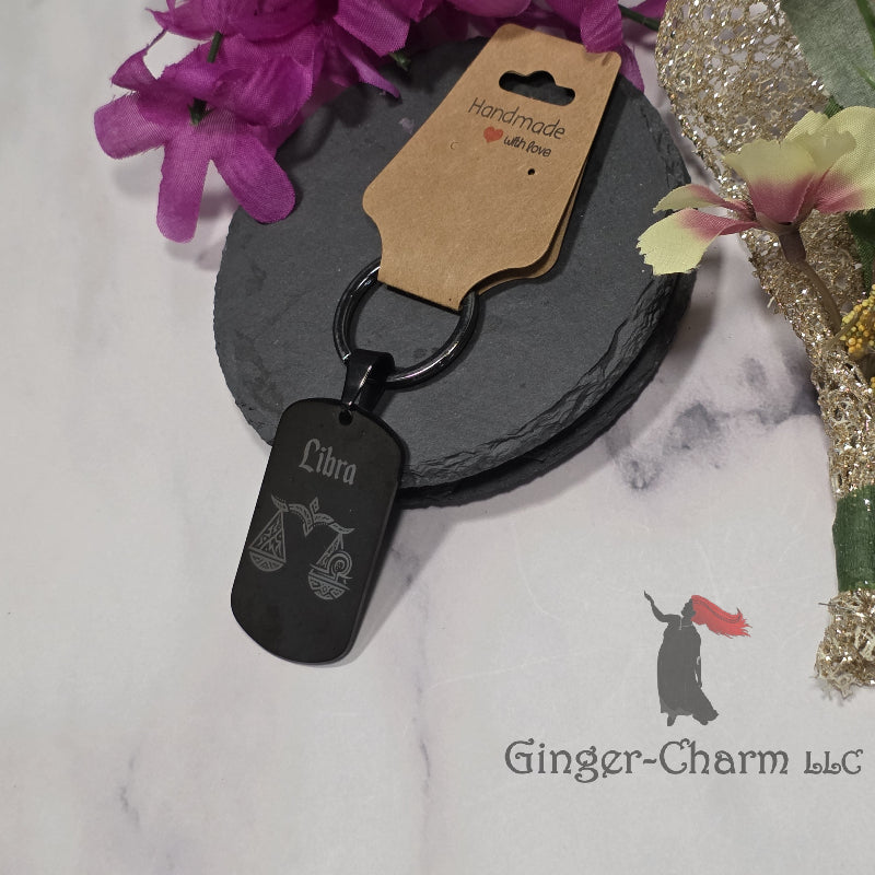 Keychain - Black - Stainless Steel Dog Tag Pendant-Libra Design