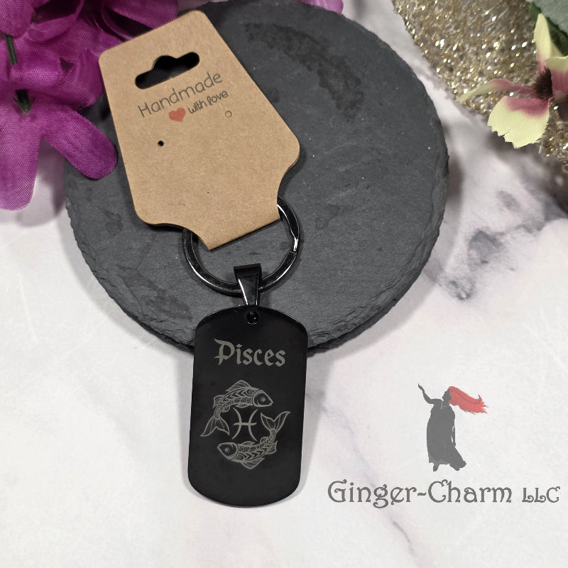 Keychain - Black - Stainless Steel Dog Tag Pendant-Pisces Design