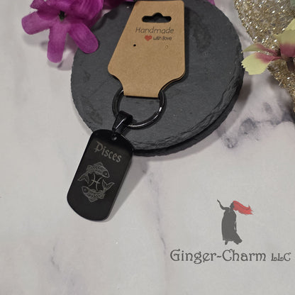 Keychain - Black - Stainless Steel Dog Tag Pendant-Pisces Design