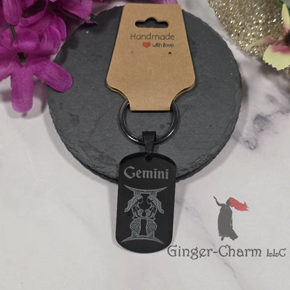 Keychain - Black - Stainless Steel Dog Tag Pendant-Gemini Design