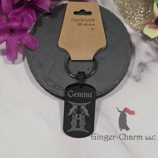 Keychain - Black - Stainless Steel Dog Tag Pendant-Gemini Design