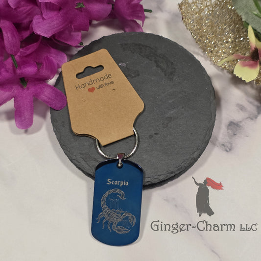 Keychain - Blue - Stainless Steel Dog Tag Pendant-Scorpio Design