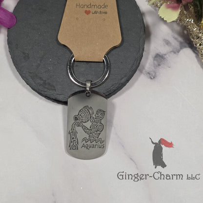 Keychain - Silver - Stainless Steel Dog Tag Pendant-Aquarius Design