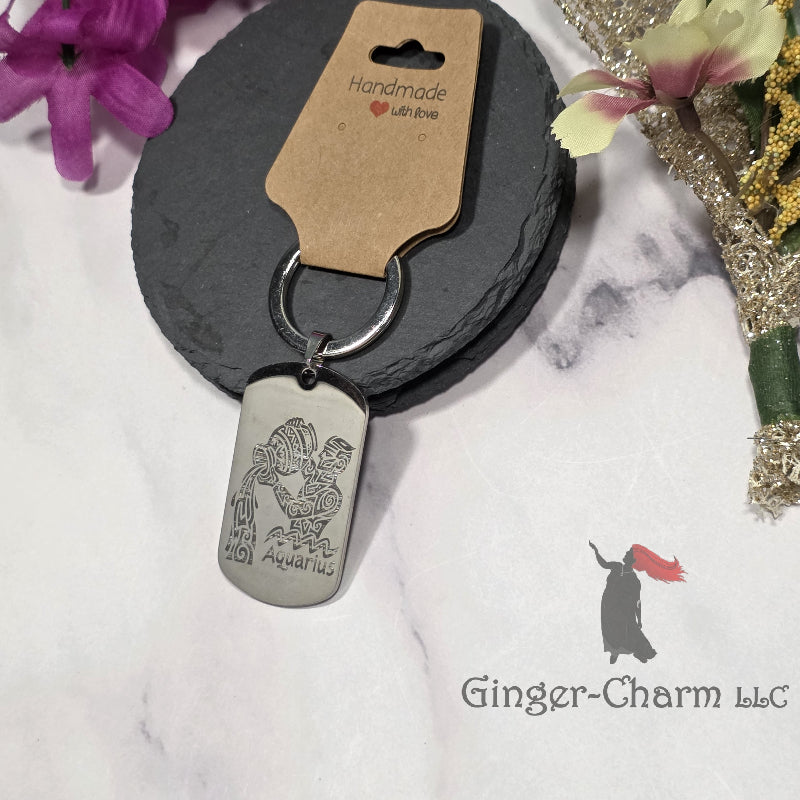 Keychain - Silver - Stainless Steel Dog Tag Pendant-Aquarius Design